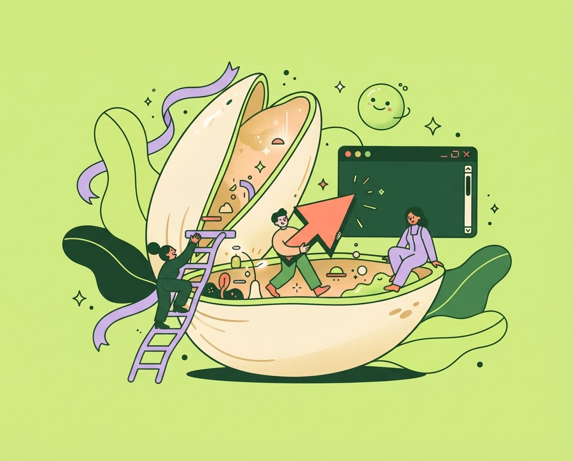 Illustration of characters playing together inside an open pistachio shell